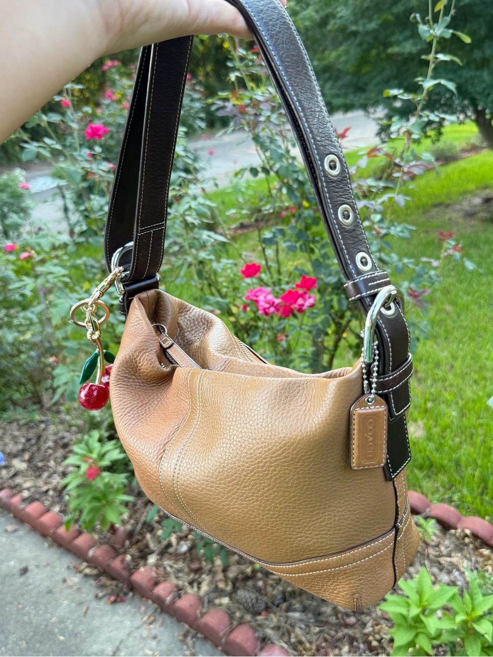 Coach Tan Pebble Leather Hobo Bag with Dark Brown Strap
